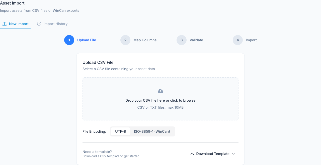 Asset import wizard showing the 4-step flow: Upload File, Map Columns, Validate, Import — with CSV drag-and-drop, UTF-8/ISO-8859-1 encoding picker, and template download