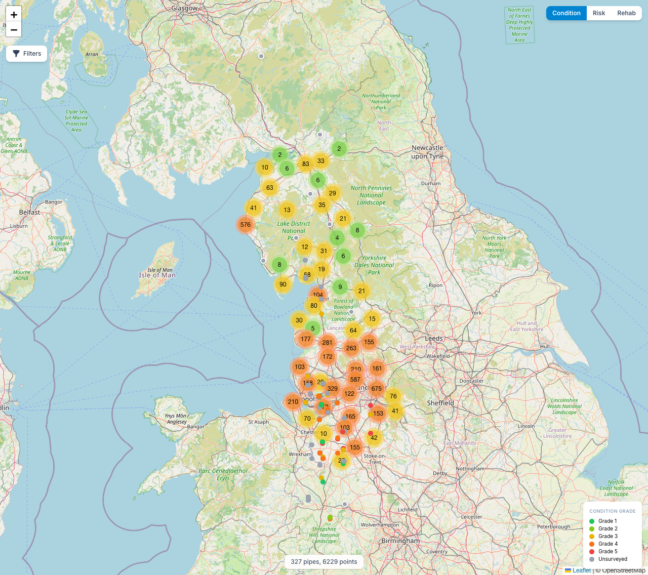 SewerOne Network Map showing 327 pipes and 6,229 points across north-west England (Liverpool / Manchester / Cumbria), clustered and colour-coded by MSCC5 condition grade, with Condition / Risk / Rehab view toggle